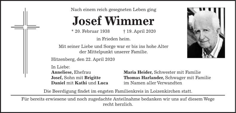 Traueranzeige Josef Wimmer