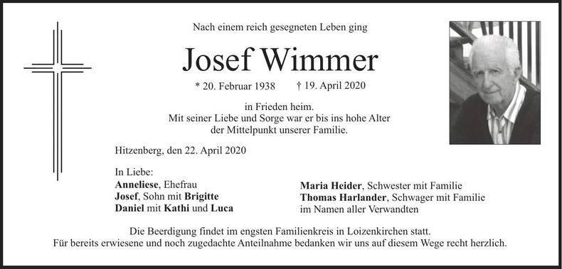 Traueranzeige Josef Wimmer