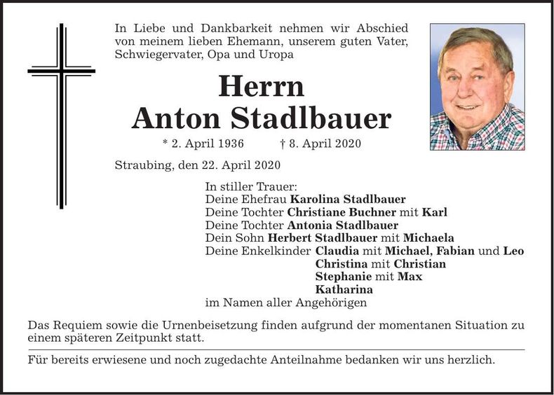 Traueranzeige Anton Stadlbauer