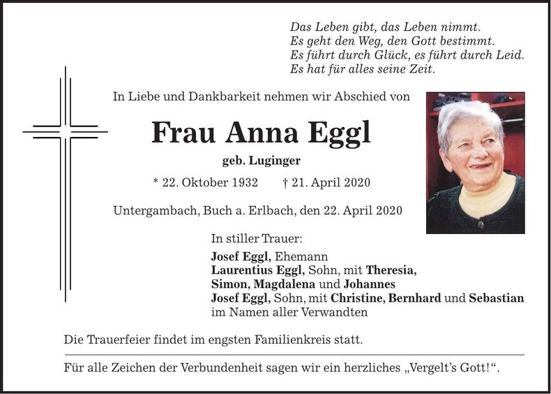 Traueranzeige Anna Eggl