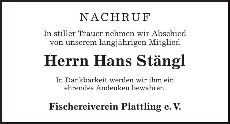 Traueranzeige Hans Stängl