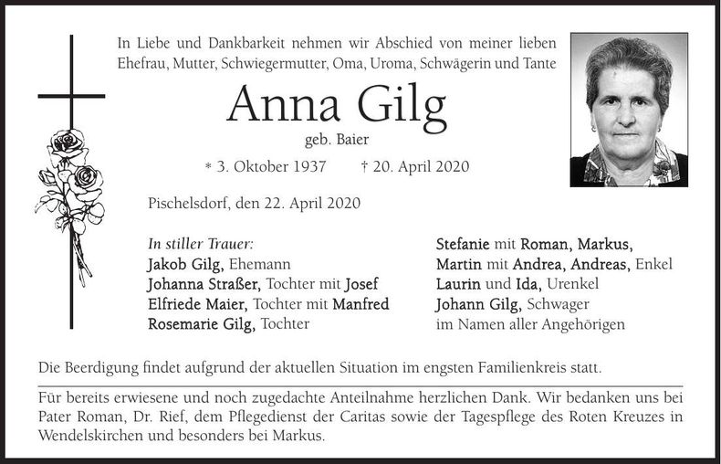 Traueranzeige Anna Gilg