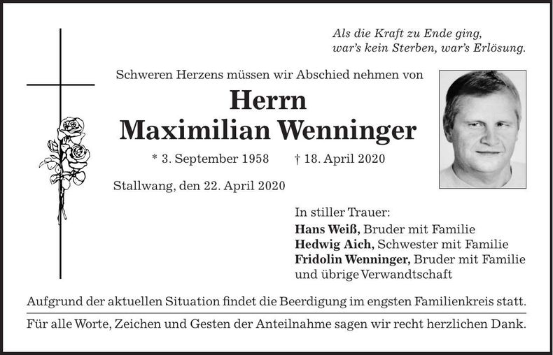 Traueranzeige Maximilian Wenninger