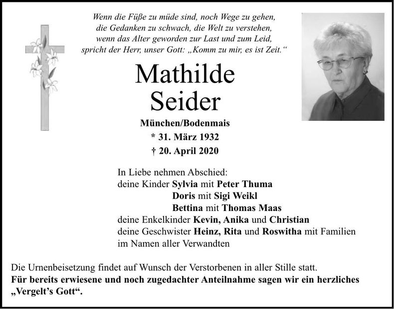 Traueranzeige Mathilde Seider