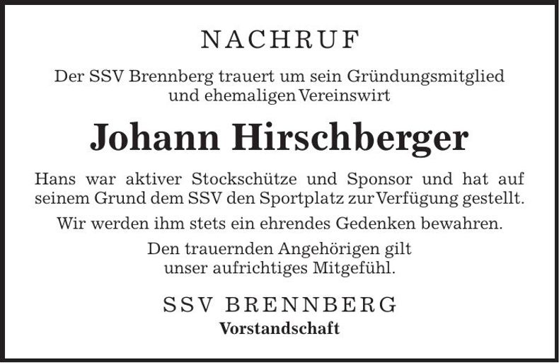 Traueranzeige Johann Hirschberger