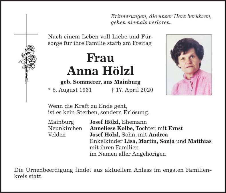 Traueranzeige Anna Hölzl
