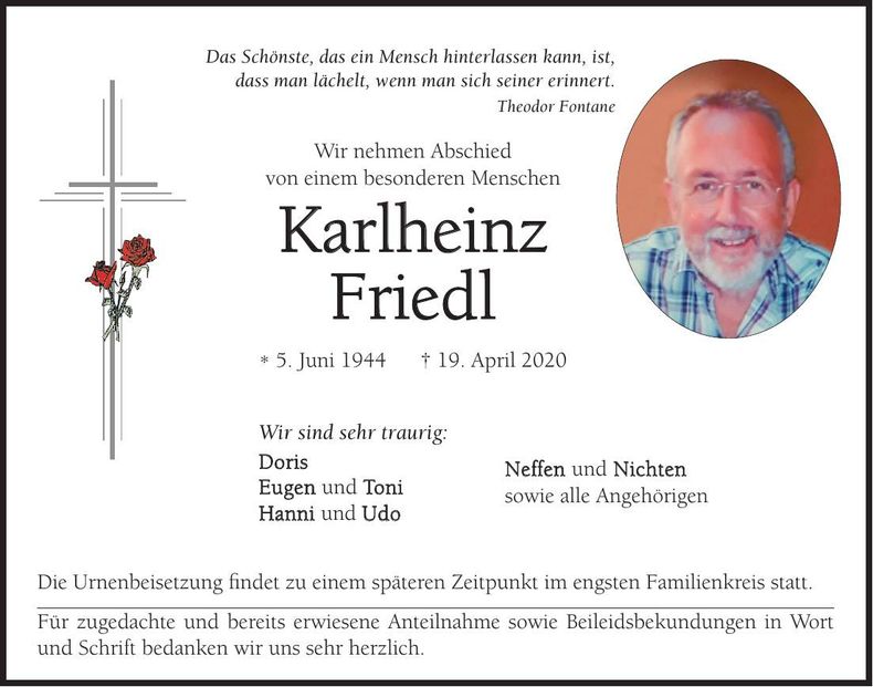 Traueranzeige Karlheinz Friedl
