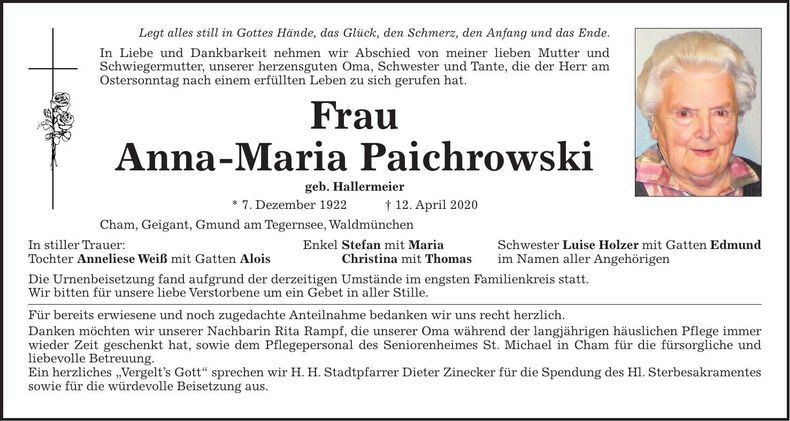 Traueranzeige Anna-Maria Paichrowski