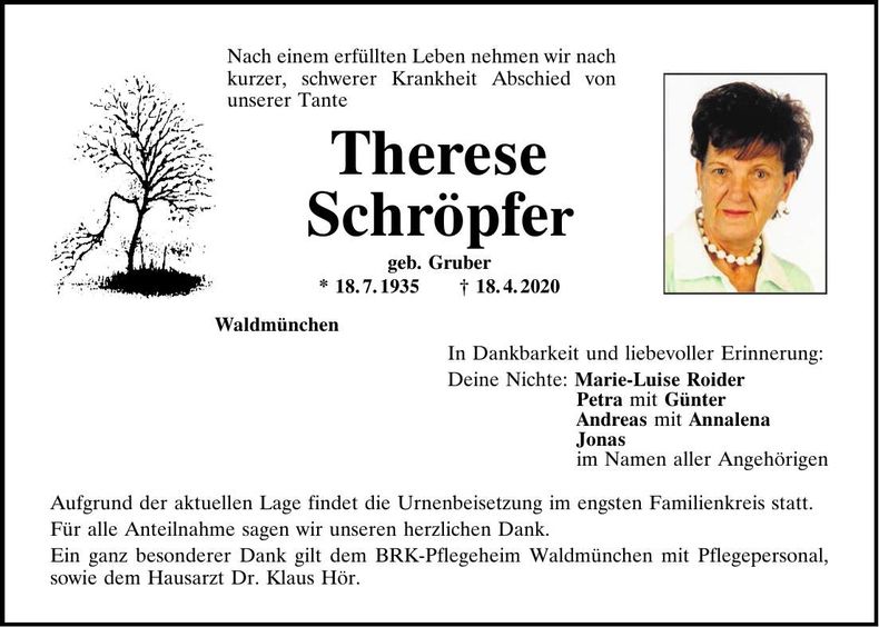 Traueranzeige Therese Schröpfer