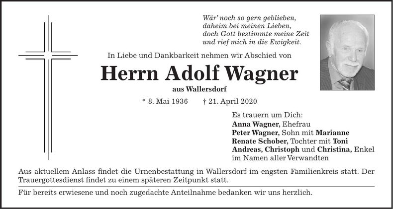 Traueranzeige Adolf Wagner