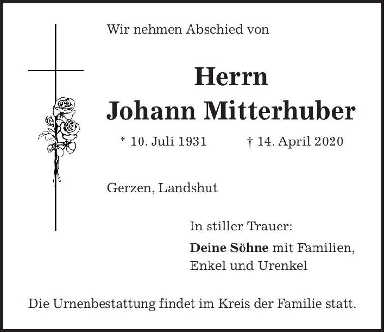 Traueranzeige Johann Mitterhuber