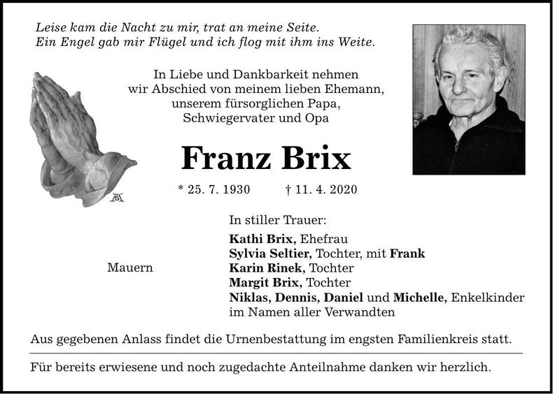 Traueranzeige Franz Brix