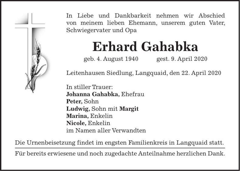 Traueranzeige Erhard Gahabka