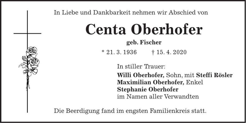Traueranzeige Centa Oberhofer