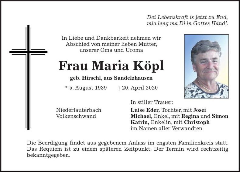 Traueranzeige Maria Köpl