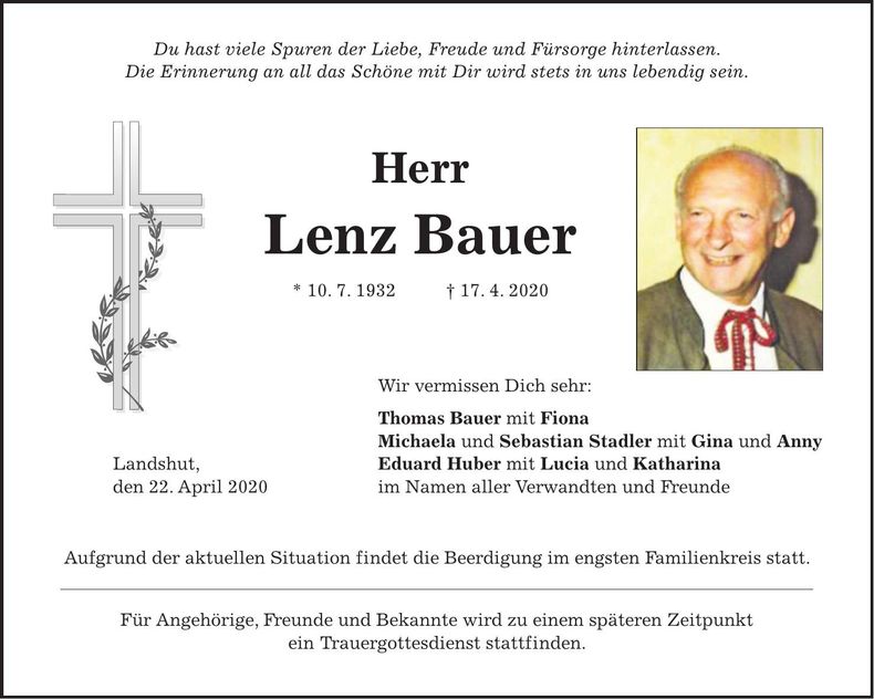 Traueranzeige Lenz Bauer