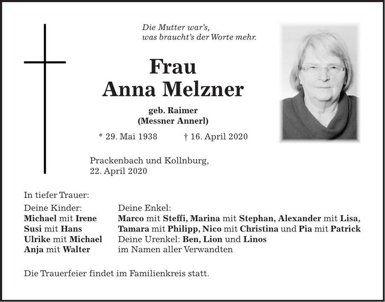 Traueranzeige Melzner Anna