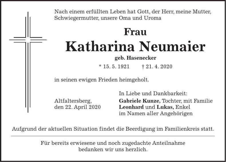 Traueranzeige Katharina Neumaier