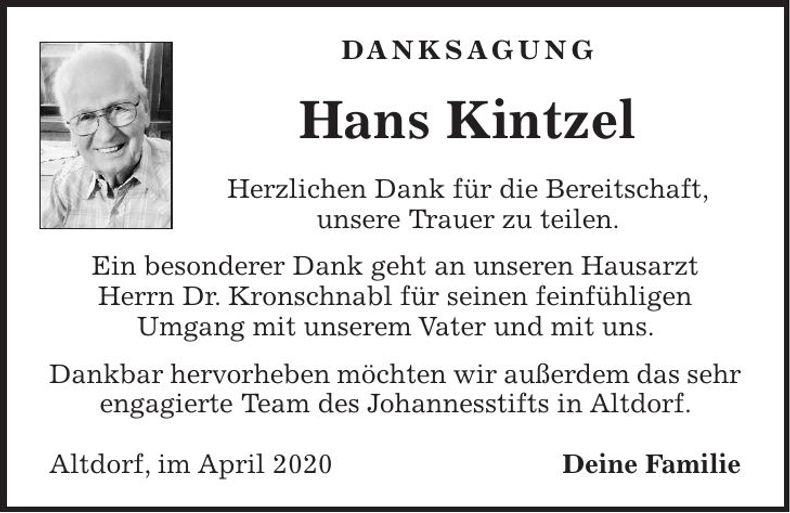 Traueranzeige Hans Kintzel