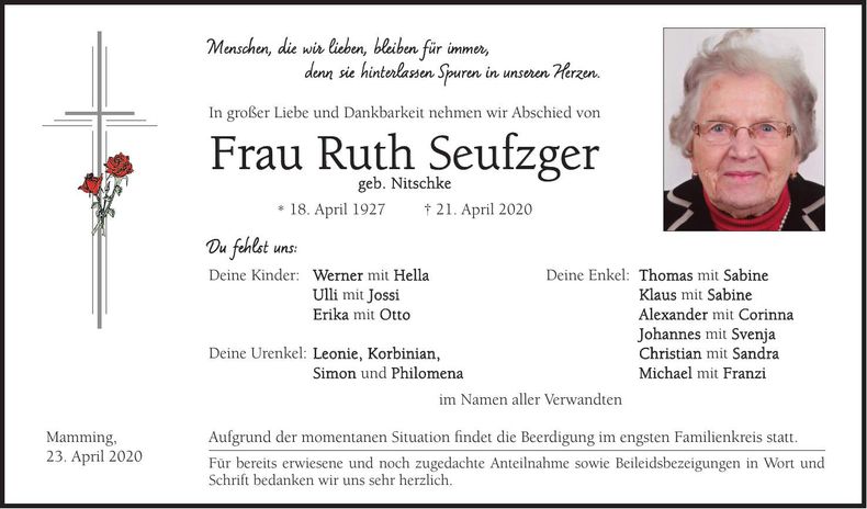 Traueranzeige Ruth Seufzger