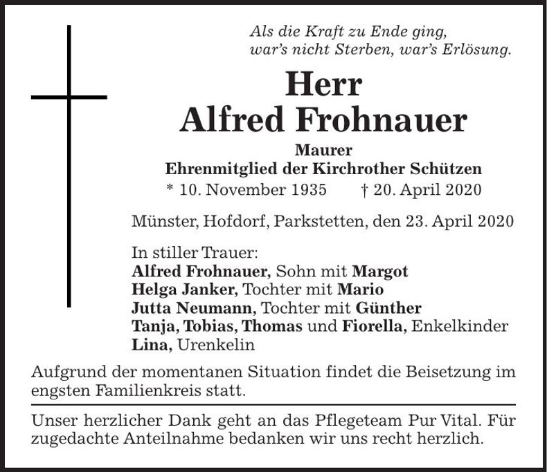Traueranzeige Alfred Frohnauer