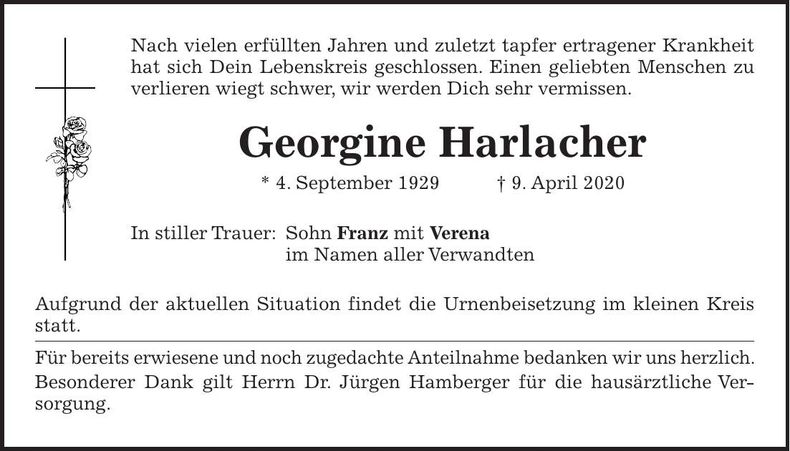 Traueranzeige Georgine Harlacher