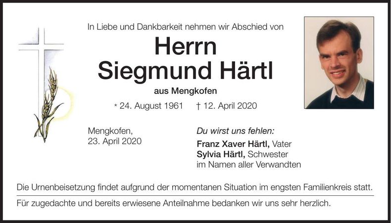 Traueranzeige Siegmund Härtl