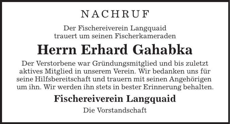 Traueranzeige Erhard Gahabka