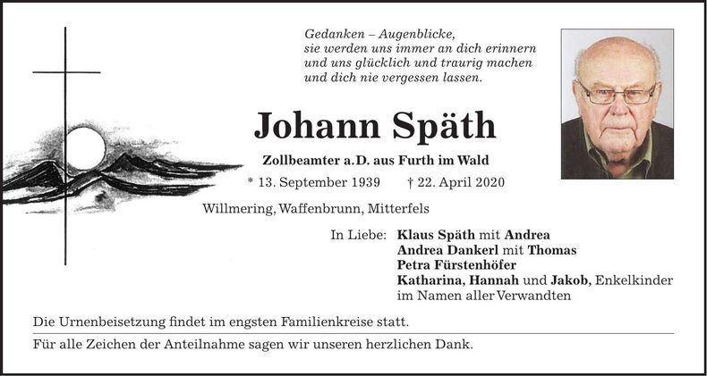 Traueranzeige Johann Späth