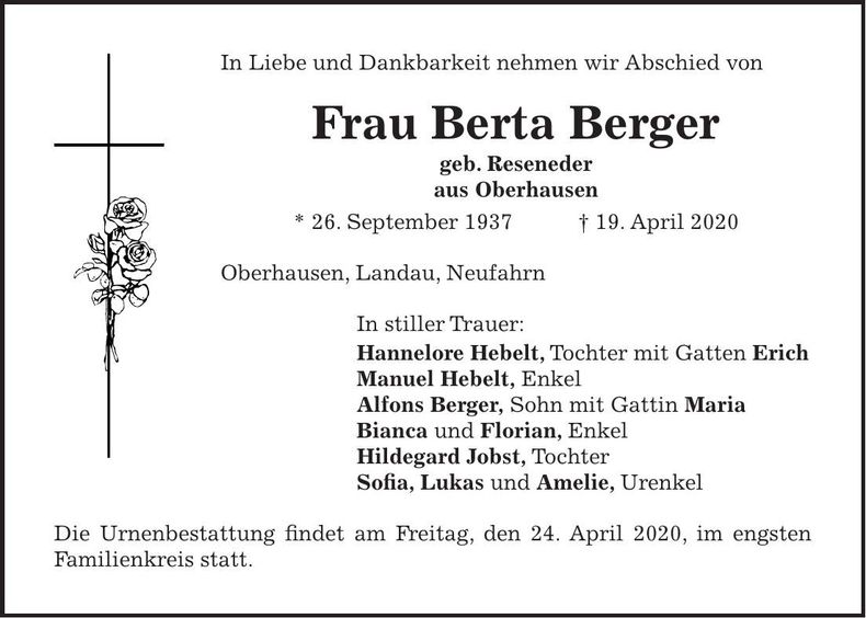 Traueranzeige Berta Berger