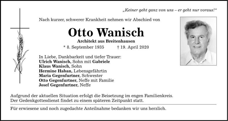 Traueranzeige Otto Wanisch