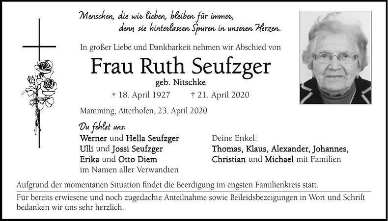 Traueranzeige Ruth Seufzger