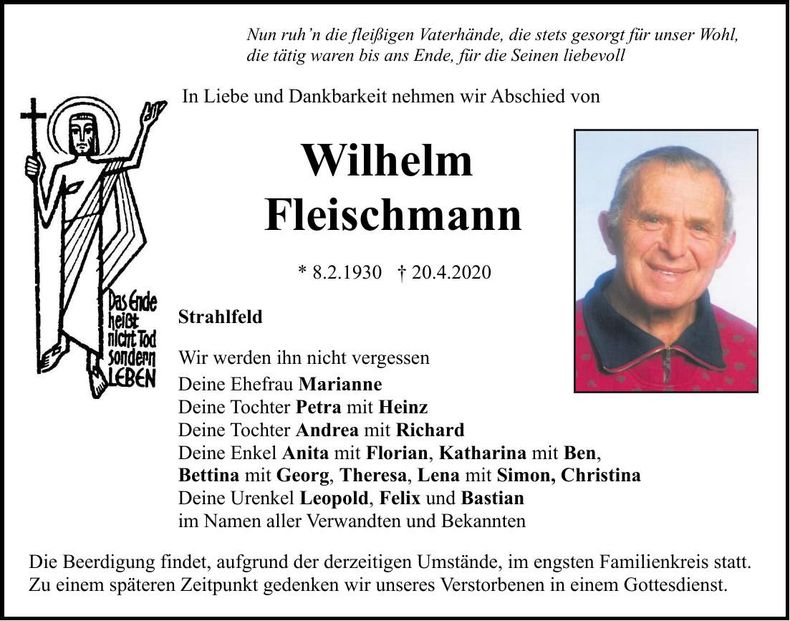 Traueranzeige Wilhelm Fleischmann