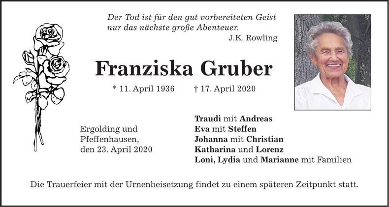 Traueranzeige Franziska Gruber