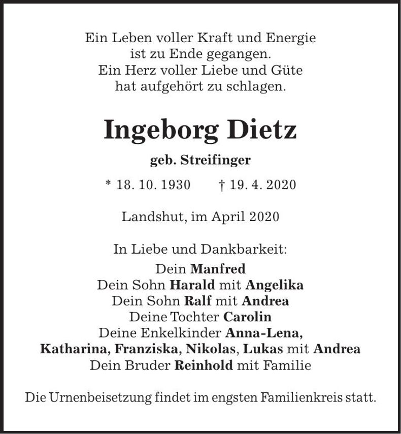 Traueranzeige Ingeborg Dietz