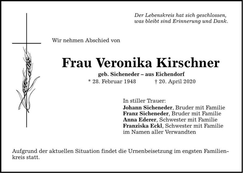 Traueranzeige Veronika Kirschner