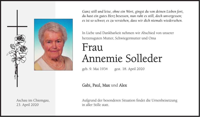 Traueranzeige Annemie Solleder