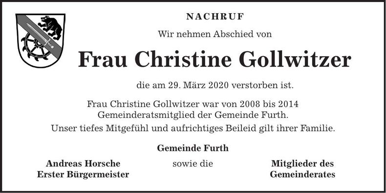 Traueranzeige Christine Gollwitzer