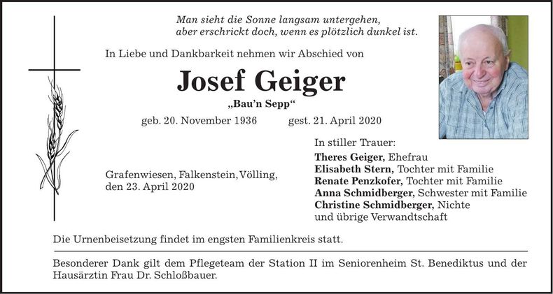 Traueranzeige Josef Geiger