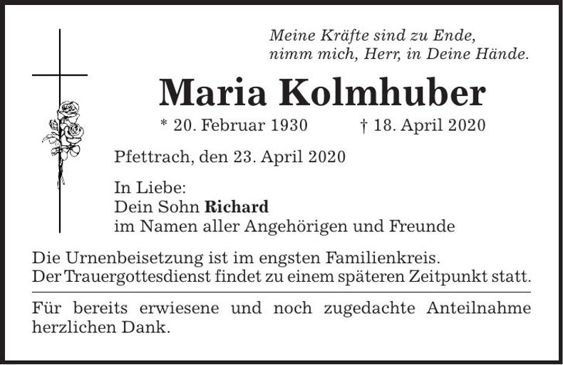 Traueranzeige Maria Kolmhuber