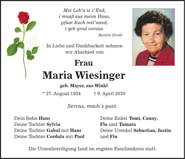 Traueranzeige Maria Wiesinger