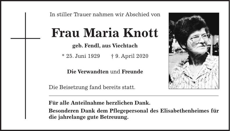 Traueranzeige Maria Knott