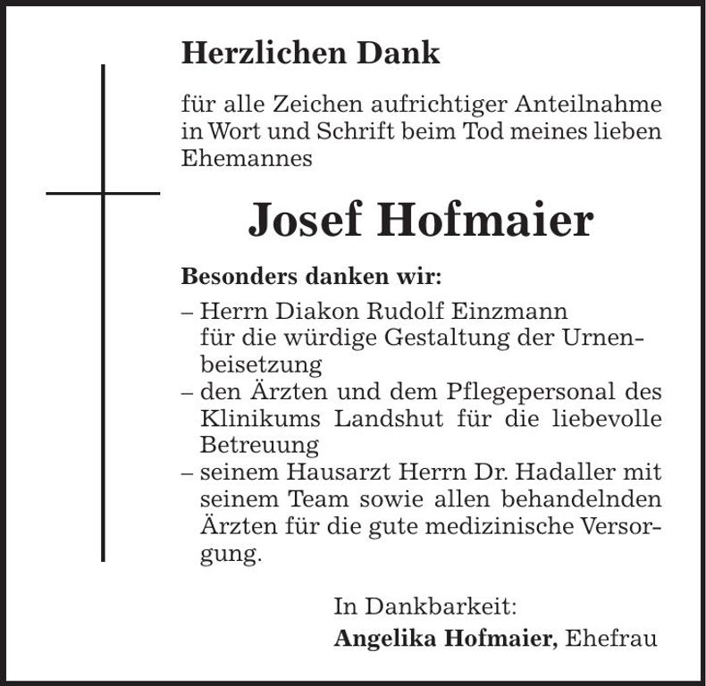 Traueranzeige Josef Hofmaier