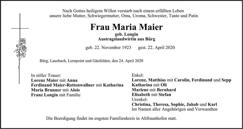 Traueranzeige Maria Maier