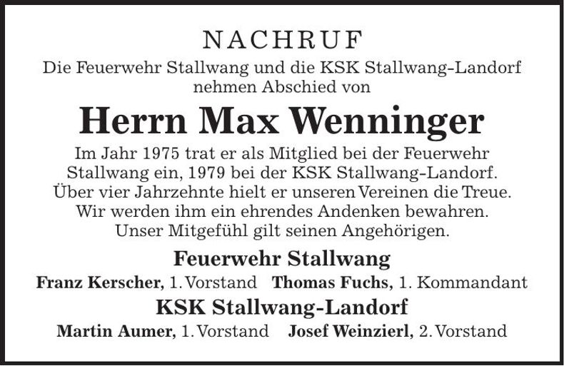 Traueranzeige Max Wenninger