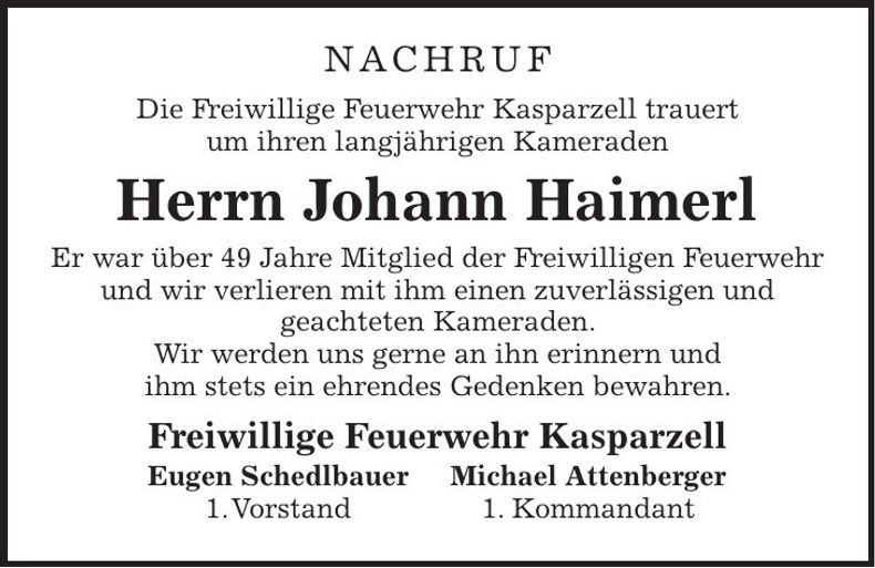 Traueranzeige Johann Haimerl