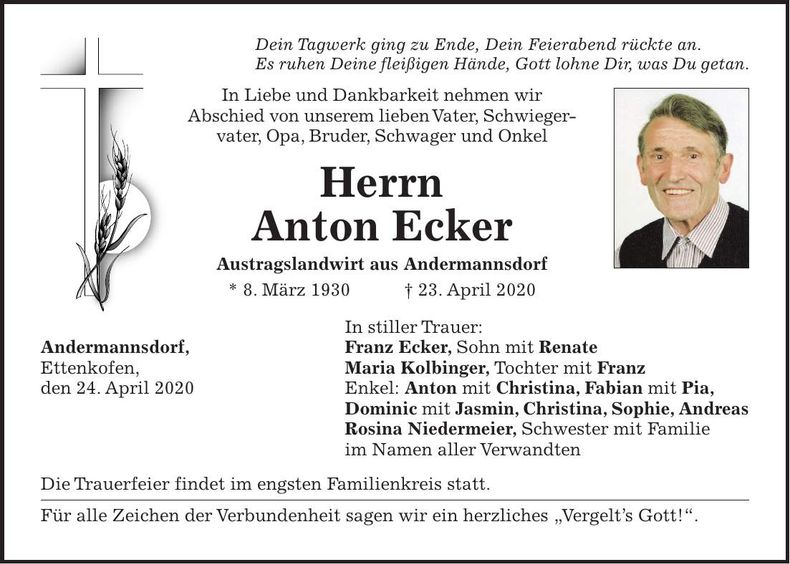 Traueranzeige Anton Ecker