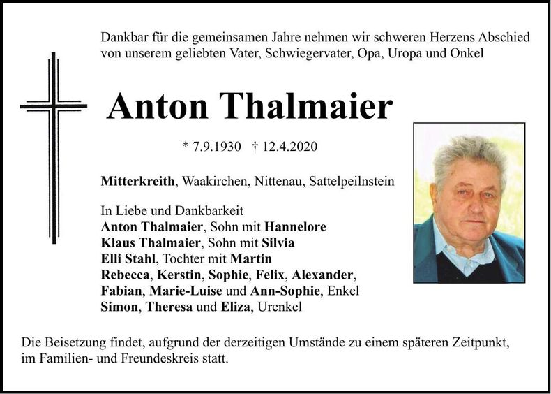 Traueranzeige Anton Thalmaier
