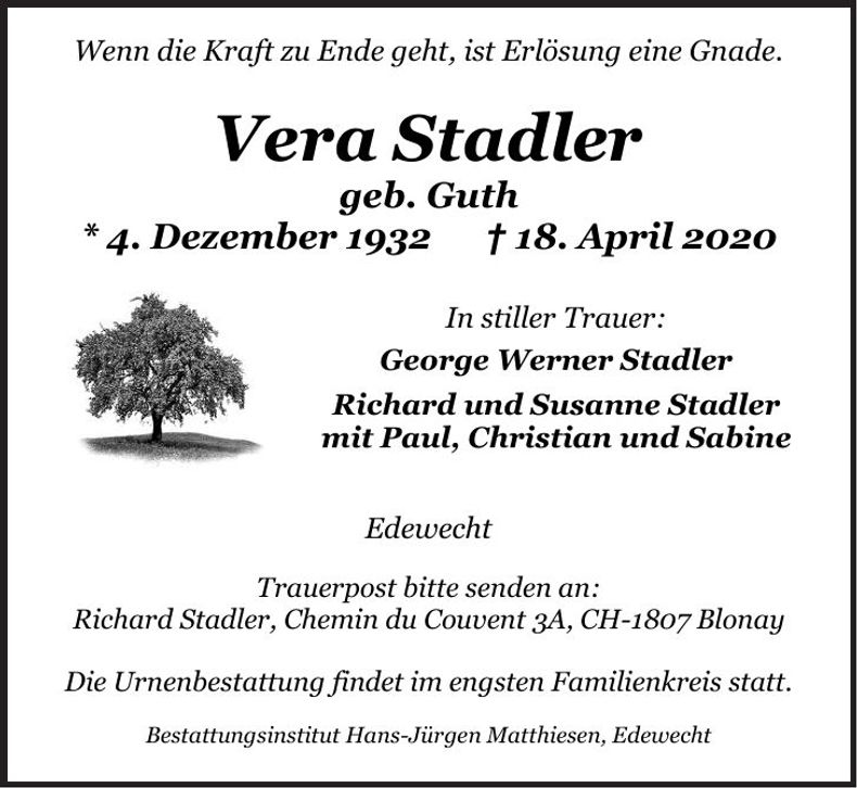Traueranzeige Vera Stadler