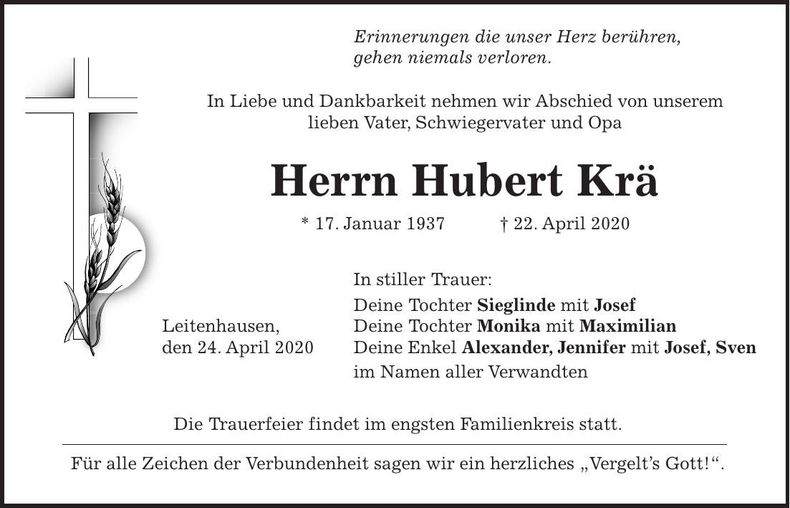 Traueranzeige Hubert Krä
